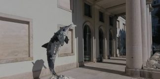 Golfinho a saltar fora de água em exposição na Casa da Baía